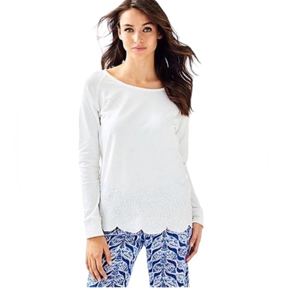 LILLY PULITZER WHITE SANDY POPOVER EYELET UNDER SEA LONG SLEEVE ROUND NECK TOP - Picture 1 of 10